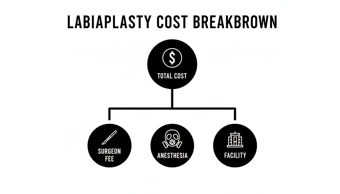 Labiaplasty cost breakdown chart detailing total cost, surgeon fee, anesthesia, and facility expenses.