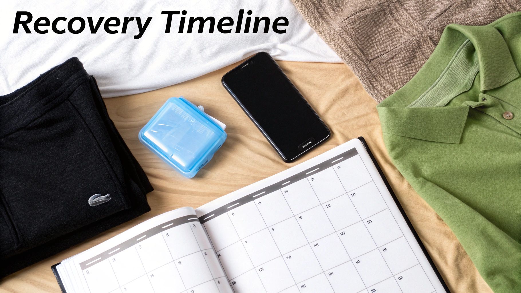 Flat lay of recovery essentials: sweatpants, polo, pill organizer, phone, and planner for a timeline.