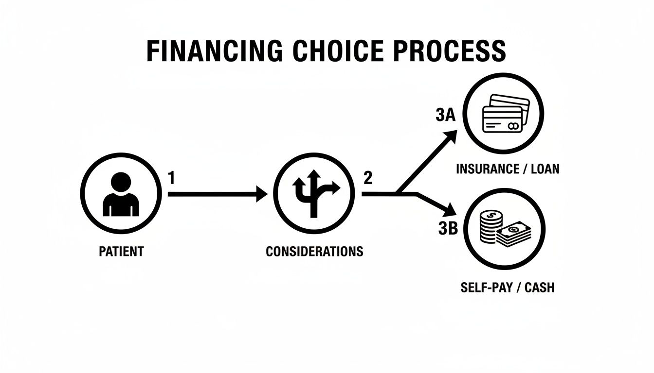 Diagram illustrating the patient's financing choice process, showing options like insurance/loan and self-pay/cash.