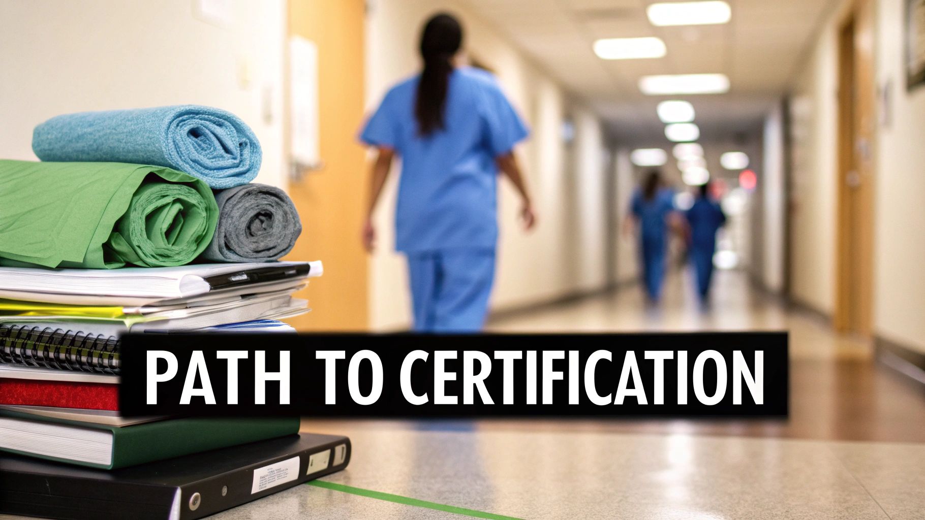 Medical textbooks and rolled scrubs on a table, with healthcare professionals in a hospital corridor, and text 'Path to Certification'.