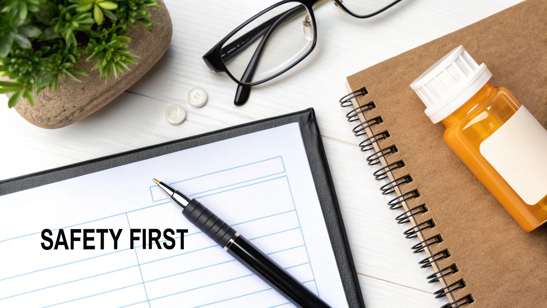 A flat lay shows a clipboard with 'SAFETY FIRST', a pen, glasses, plant, and medicine bottle.