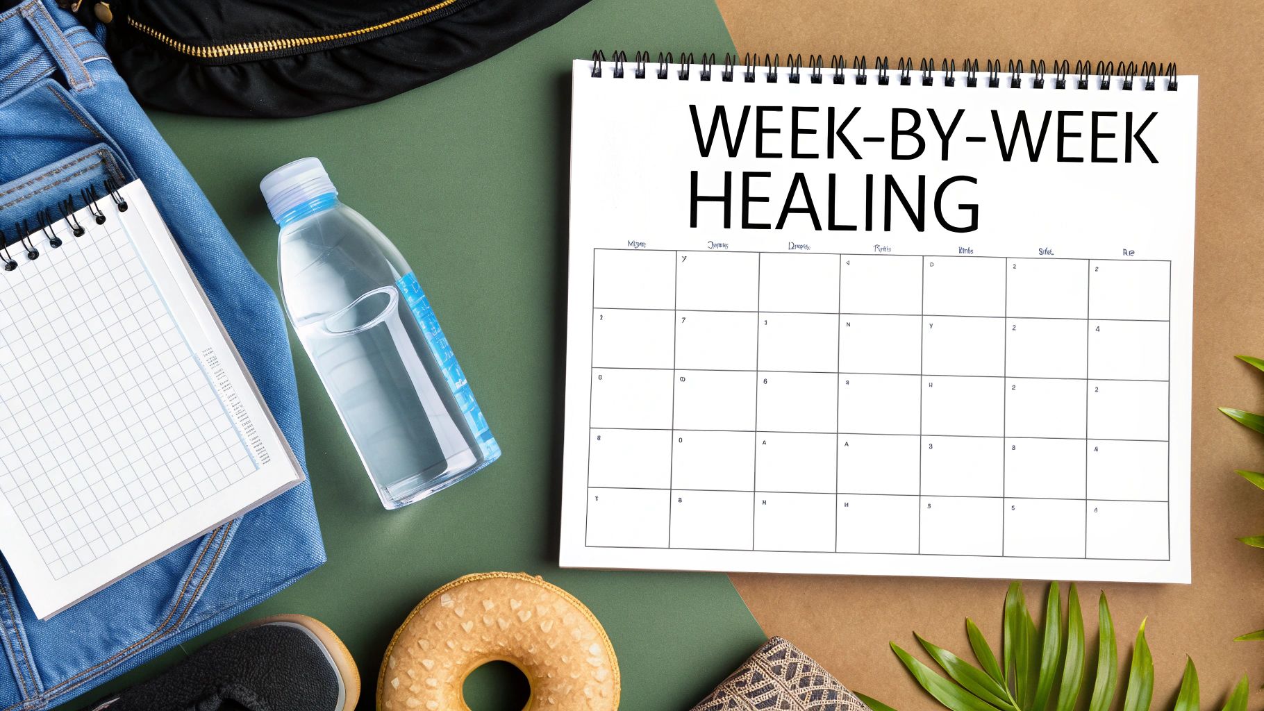 Flat lay of a 'Week-by-Week Healing' calendar, water bottle, notebook, and comfort items.