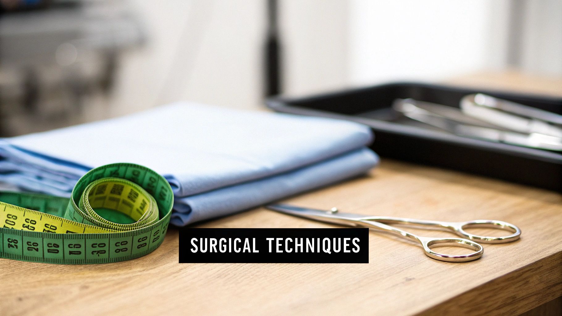Surgical instruments and supplies on a wooden table, including measuring tape, drapes, and scissors.