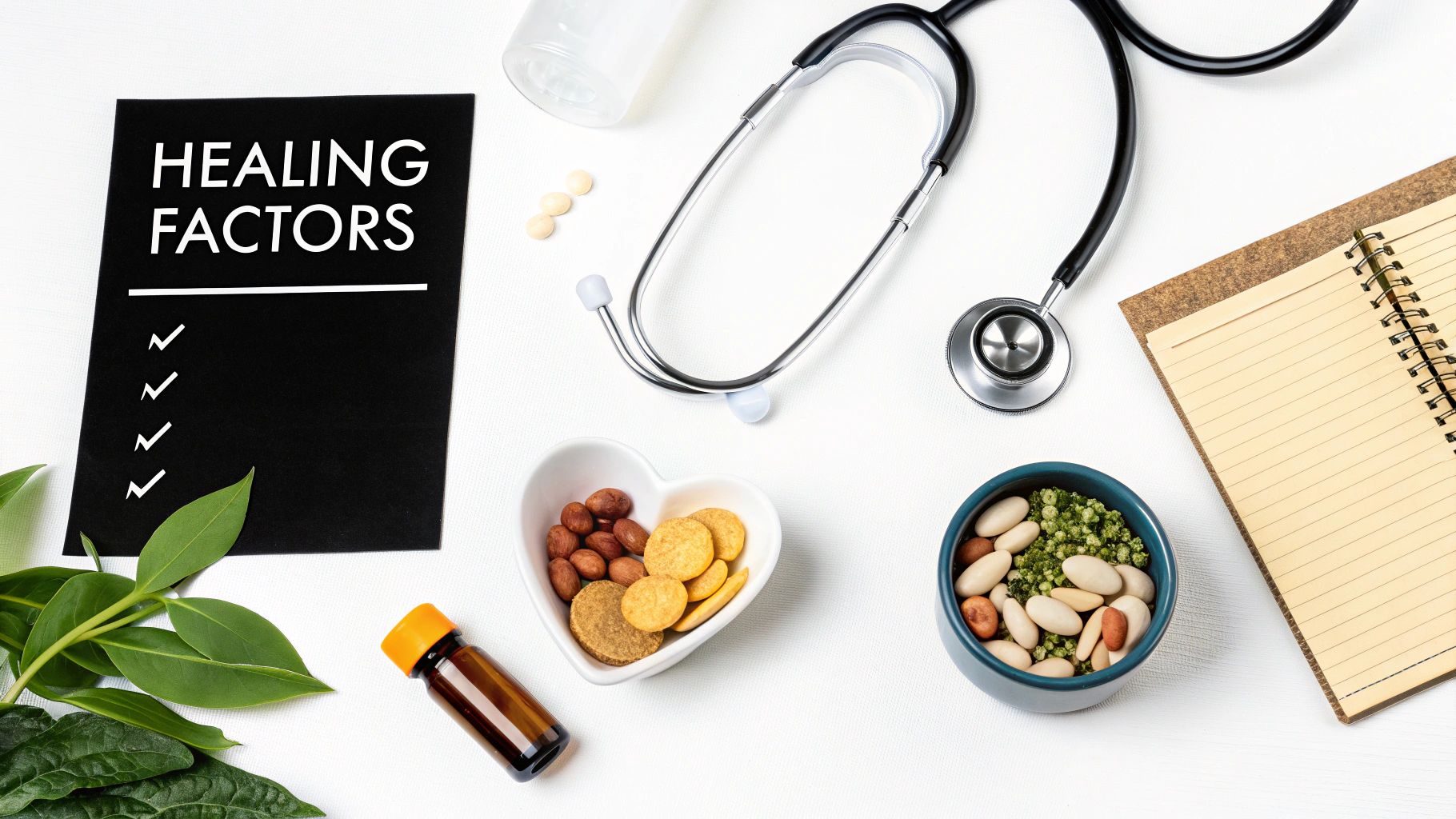 Overhead of 'Healing Factors' card, stethoscope, nuts, pills, and leaves for health and wellness.