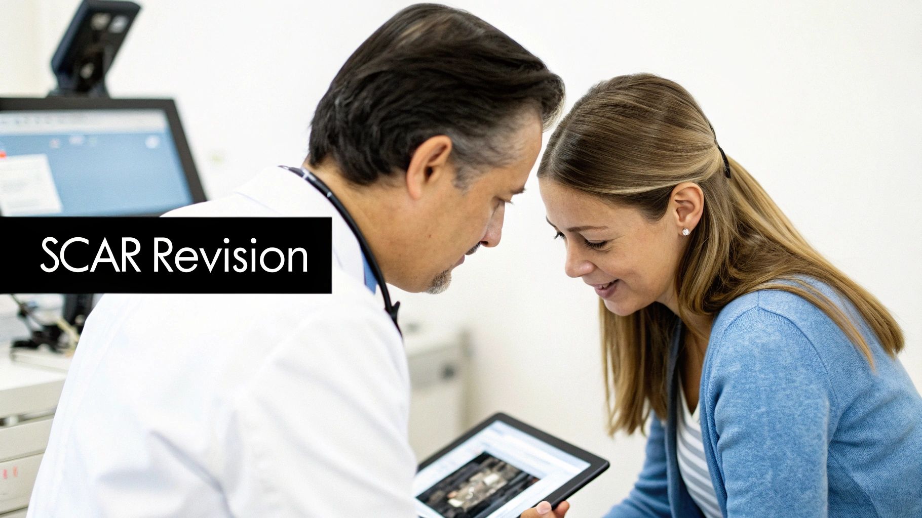 Doctor and female patient collaboratively looking at a tablet, discussing scar revision treatment.