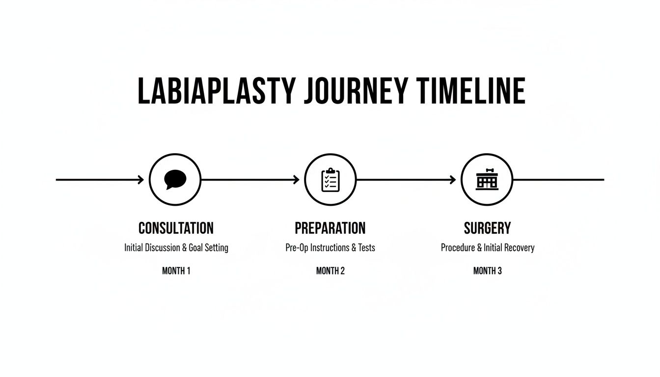 A labiaplasty journey timeline graphic showing three stages: Consultation, Preparation, and Surgery, over three months.