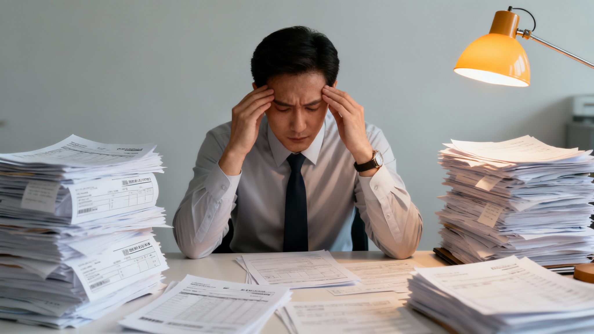 A person looking stressed while reviewing a large stack of paper invoices at a desk.