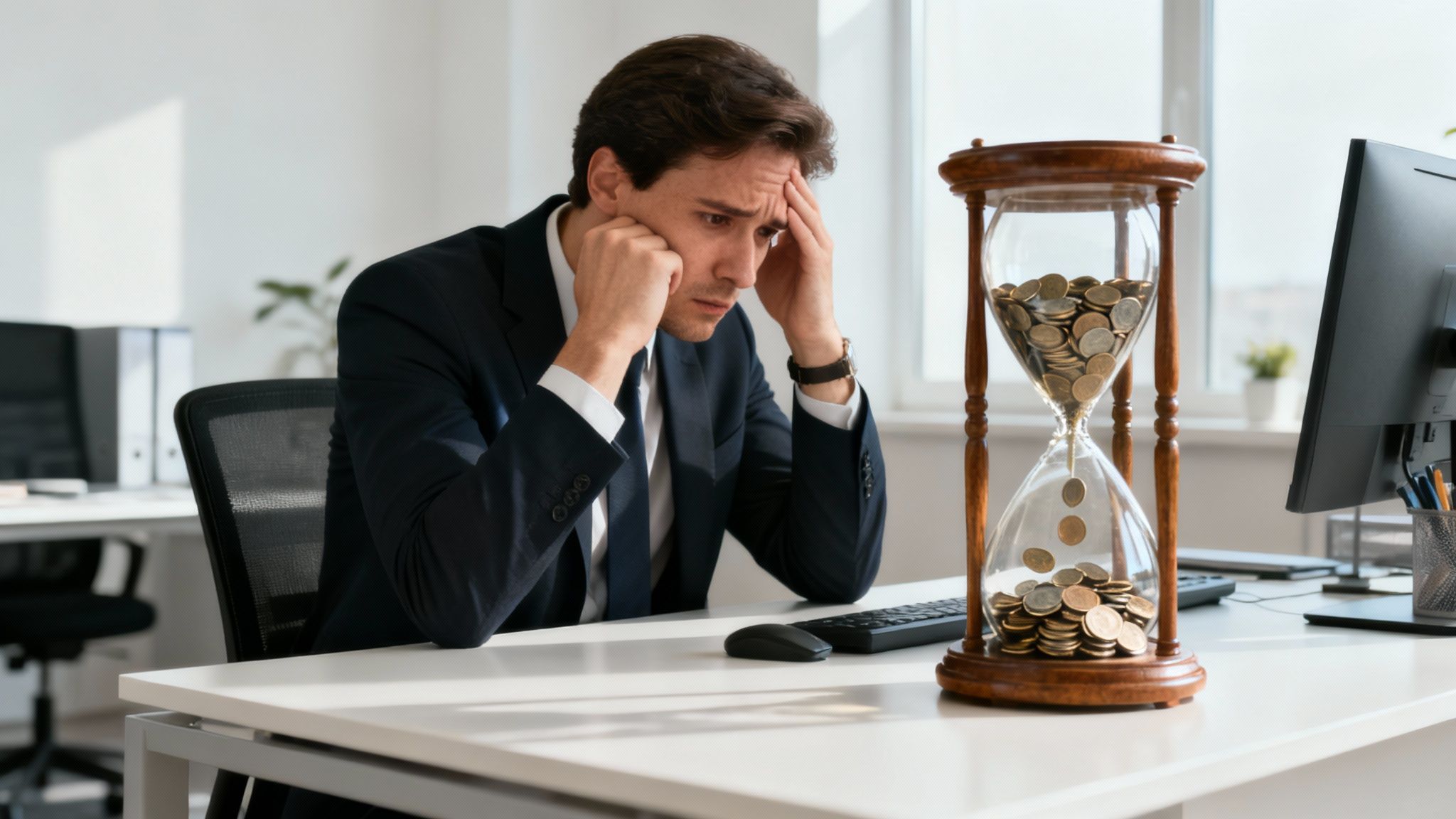 A person looking stressed while reviewing financial documents and invoices on a desk.