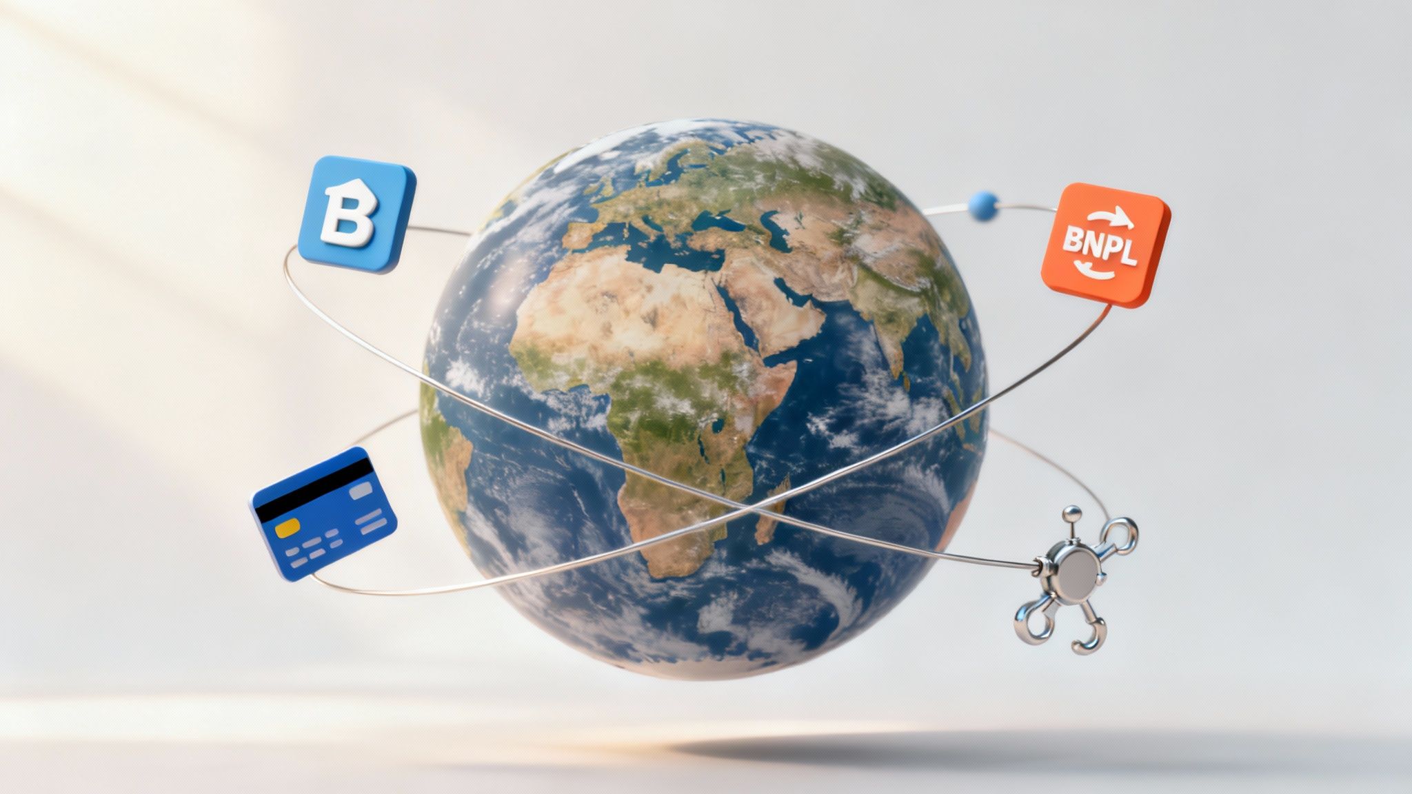 A world map made of various currency symbols, illustrating global payment methods.
