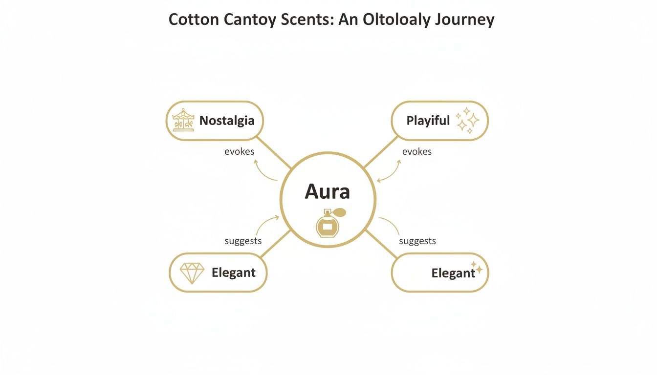 A concept diagram illustrates the 'Aura' of Cotton Cantoy Scents, evoked by 'Nostalgia' and 'Playful', and suggested by 'Elegant' qualities.