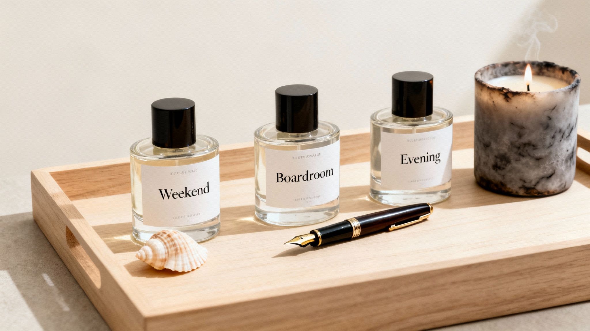 Three distinct perfume bottles, a seashell, fountain pen, and a lit candle on a wooden tray.