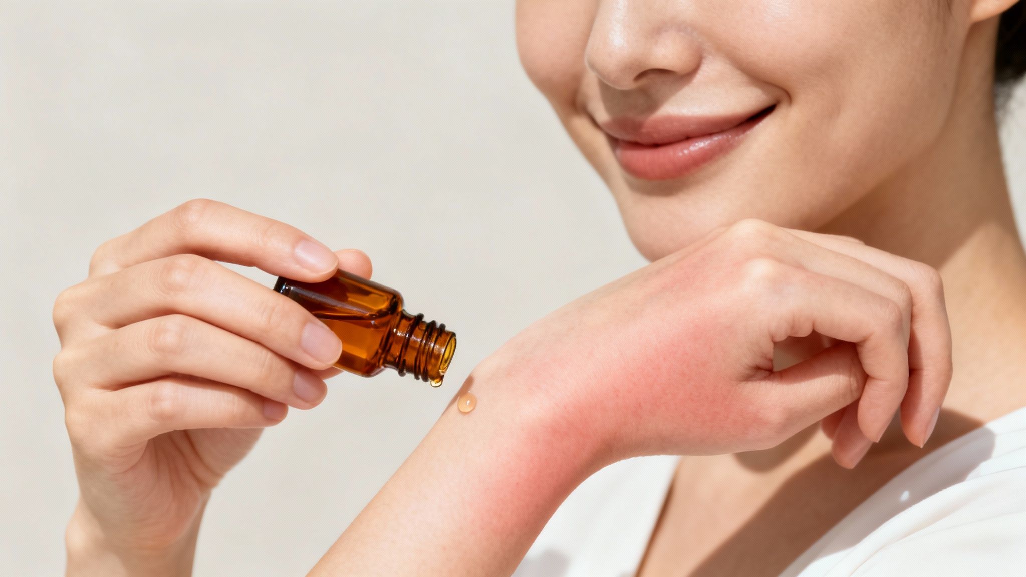 A smiling woman applies a soothing drop from a dropper bottle to her irritated, red arm.