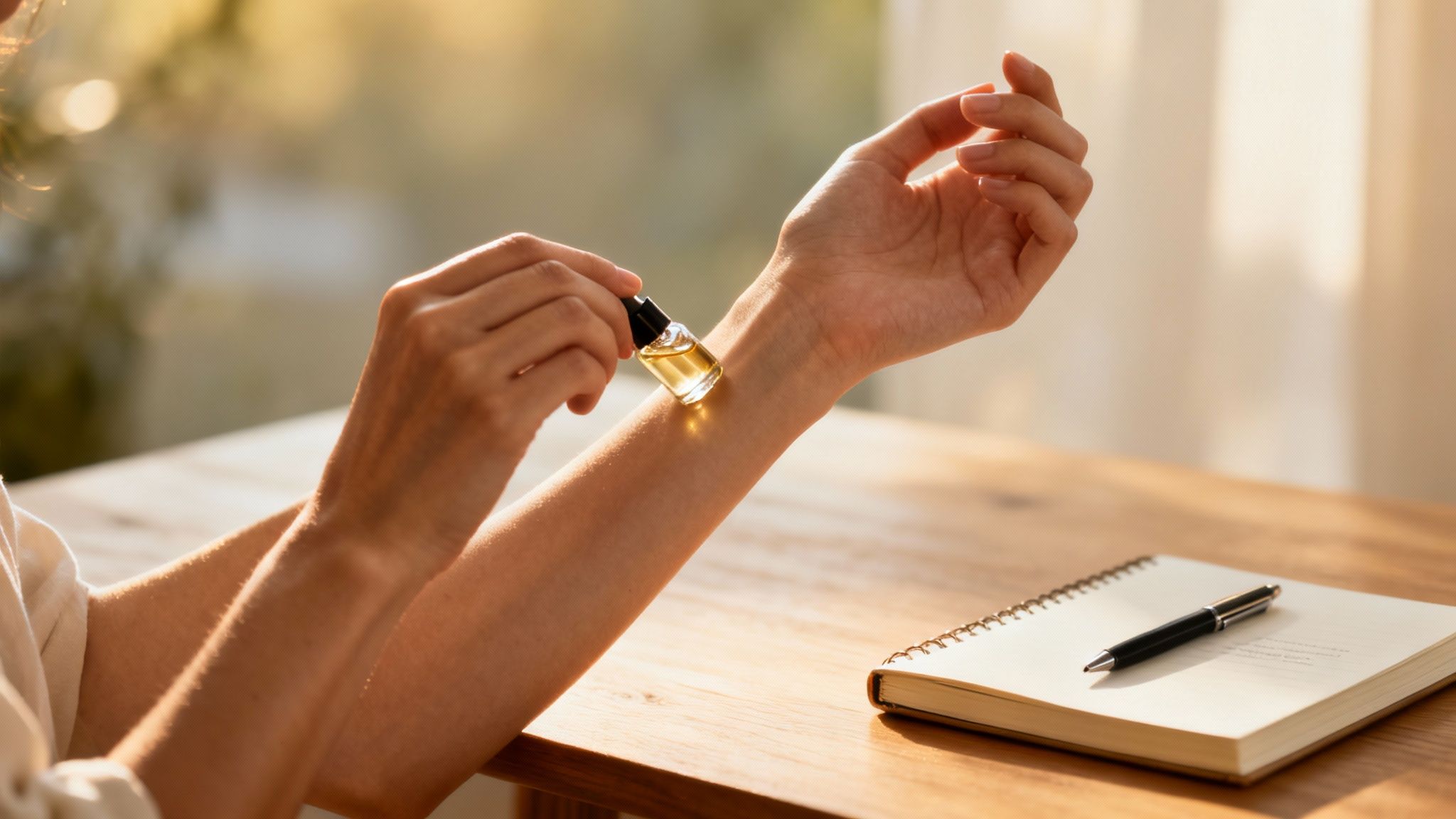 A person applying essential oil or perfume from a roller bottle onto their wrist, next to a notebook.