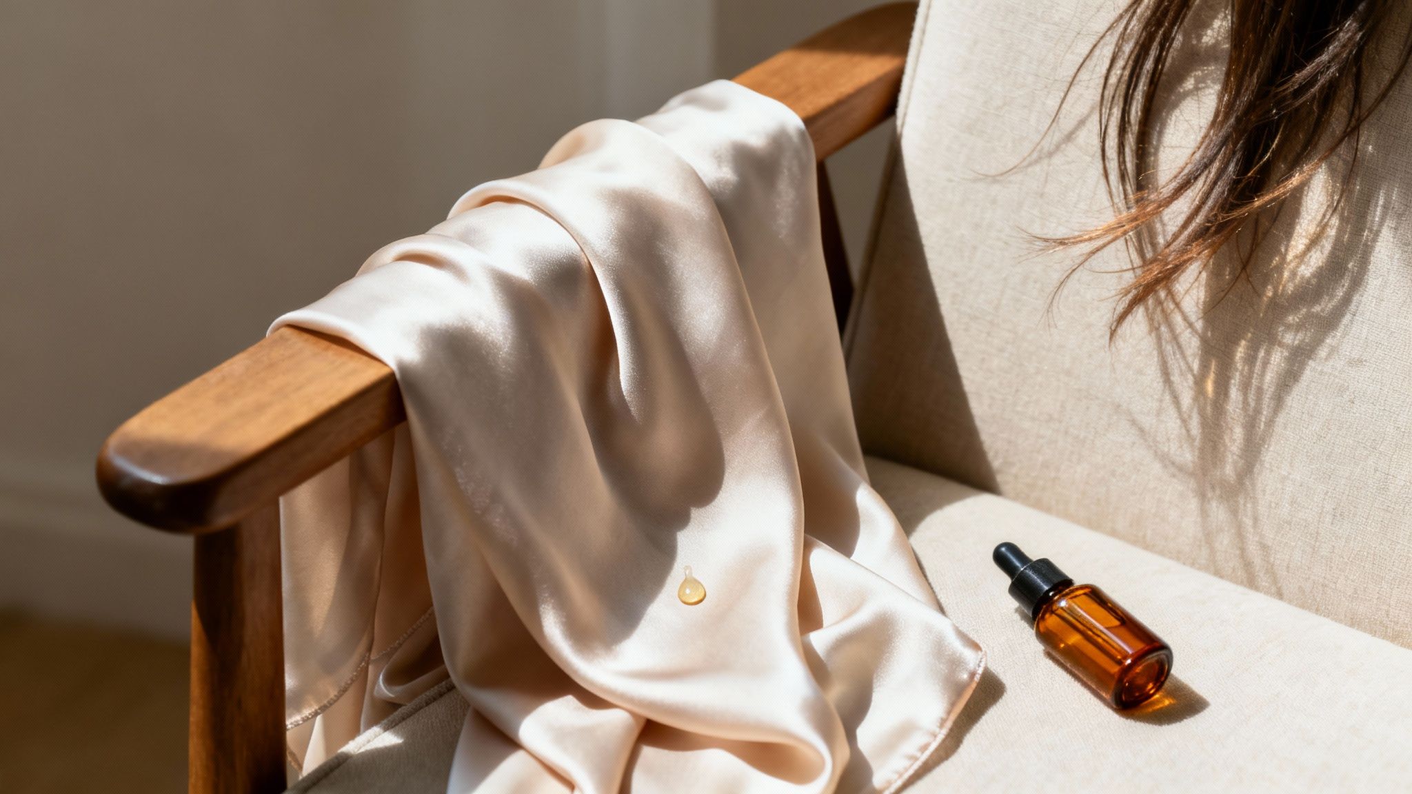 Woman in silk robe sitting beside amber dropper bottle of perfume oil on white surface