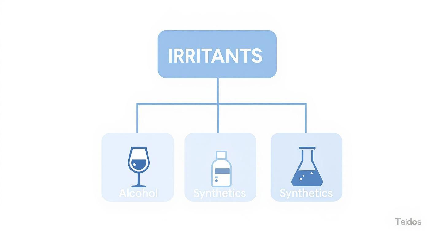 A diagram illustrating different types of irritants, categorizing them into alcohol, synthetics (bottle), and synthetics (flask).