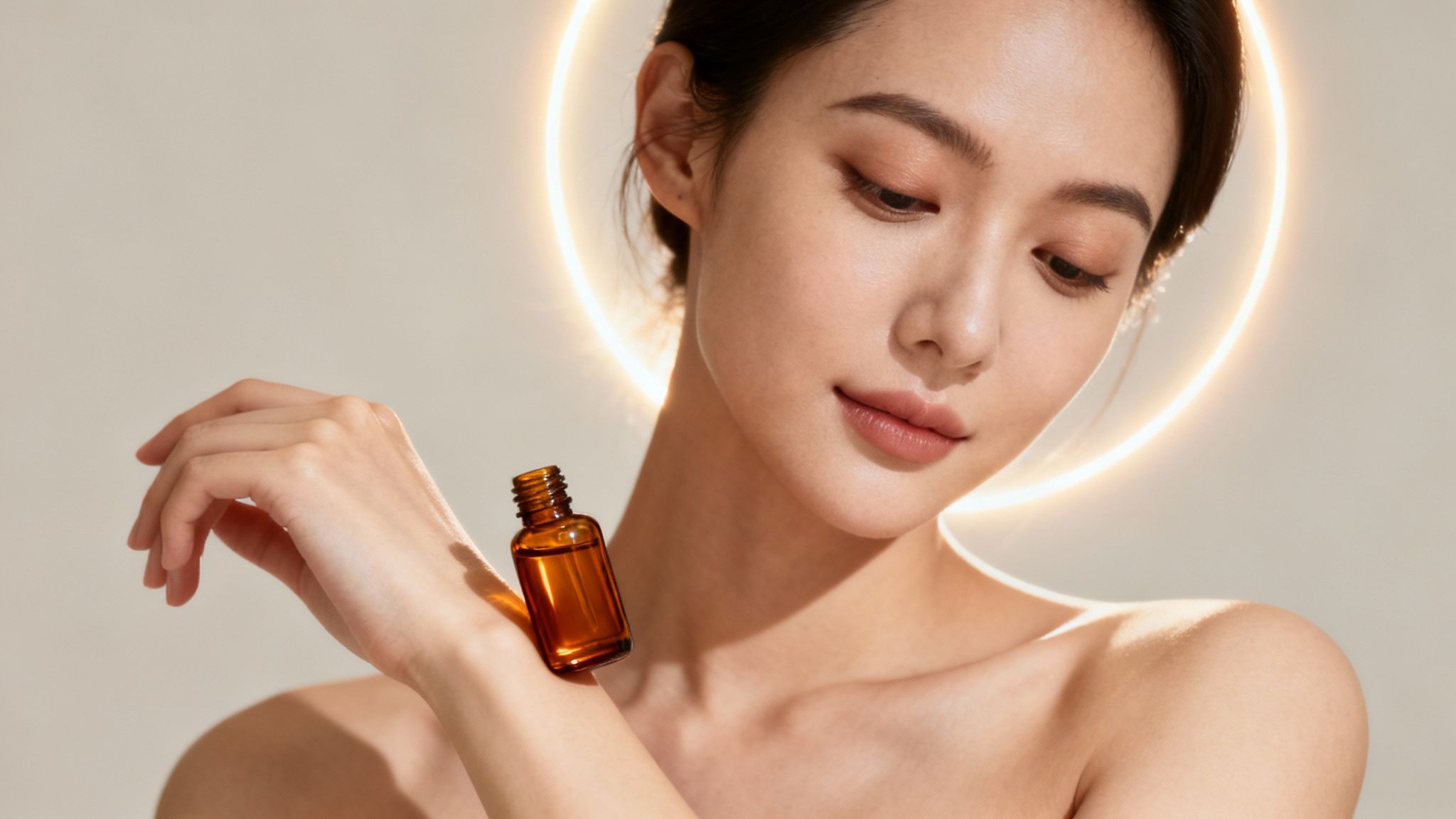 A beautiful woman with radiant skin holding a small amber dropper bottle of skin oil.
