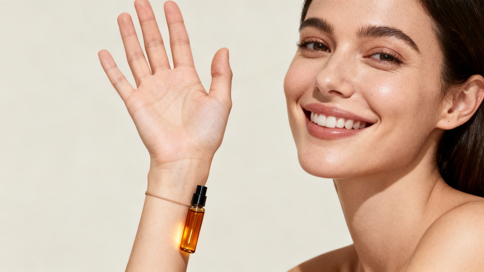 Close-up of a smiling woman with clear skin and an amber perfume bottle on her wrist.