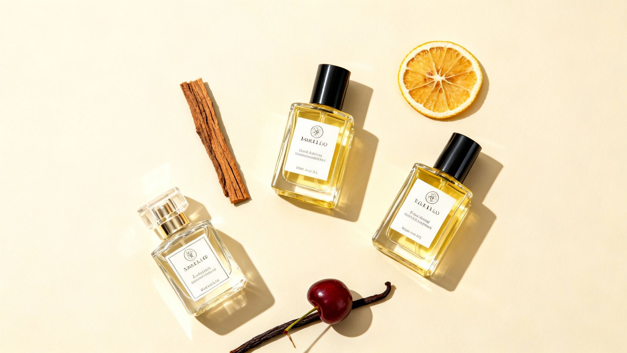 Three perfume bottles amidst cinnamon sticks, a dried orange slice, a cherry, and a vanilla bean.