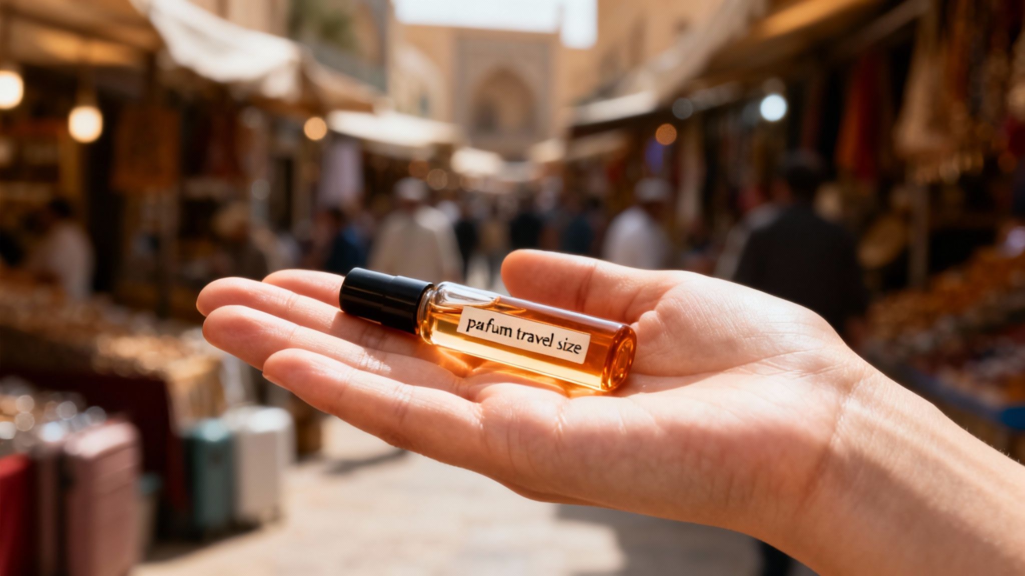 A person's hand displays a small amber travel-size perfume bottle amidst a lively outdoor market.