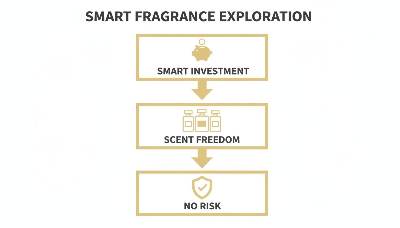 Flowchart illustrating smart fragrance exploration steps: smart investment, scent freedom, and no risk.