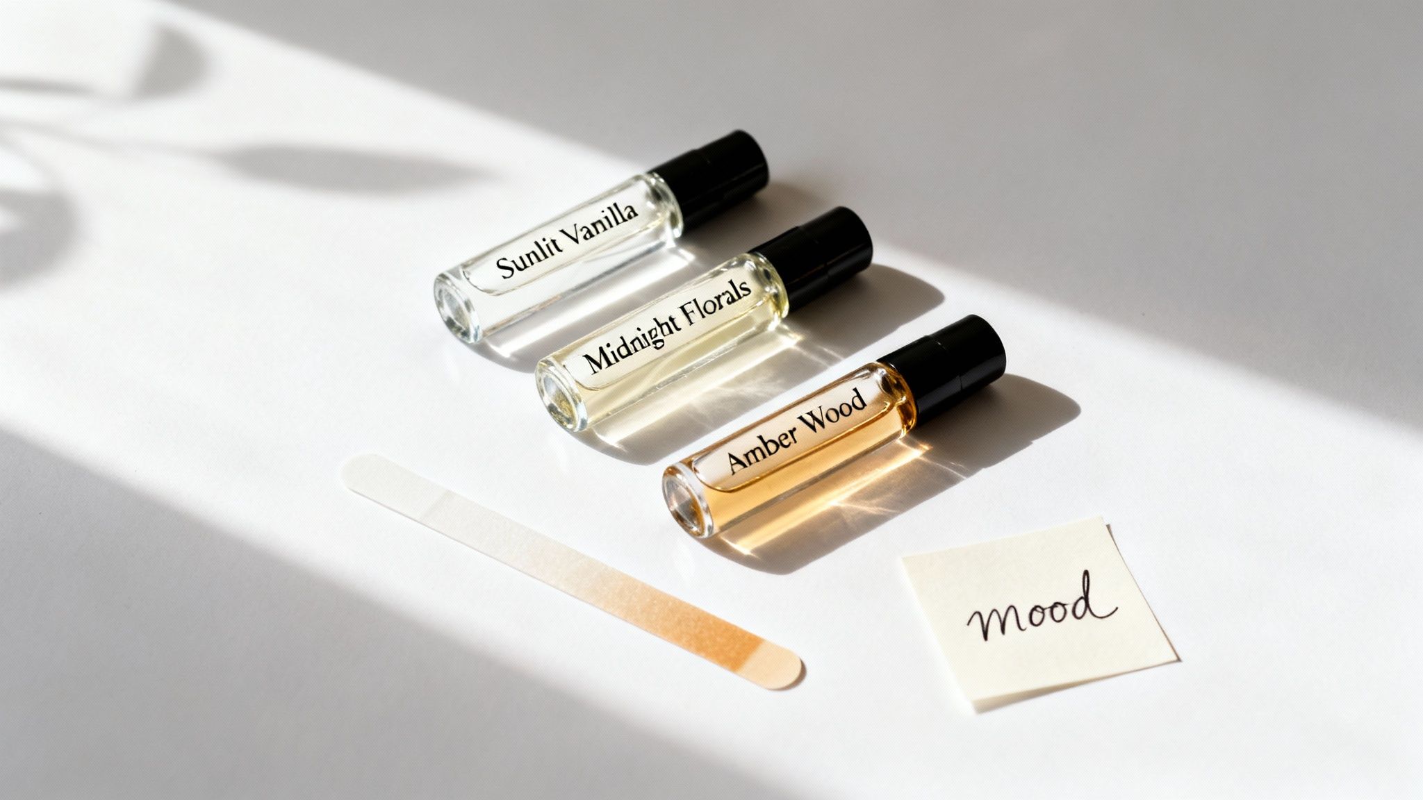 Three labeled perfume roller bottles, a scent strip, and a 'mood' note on a white table.