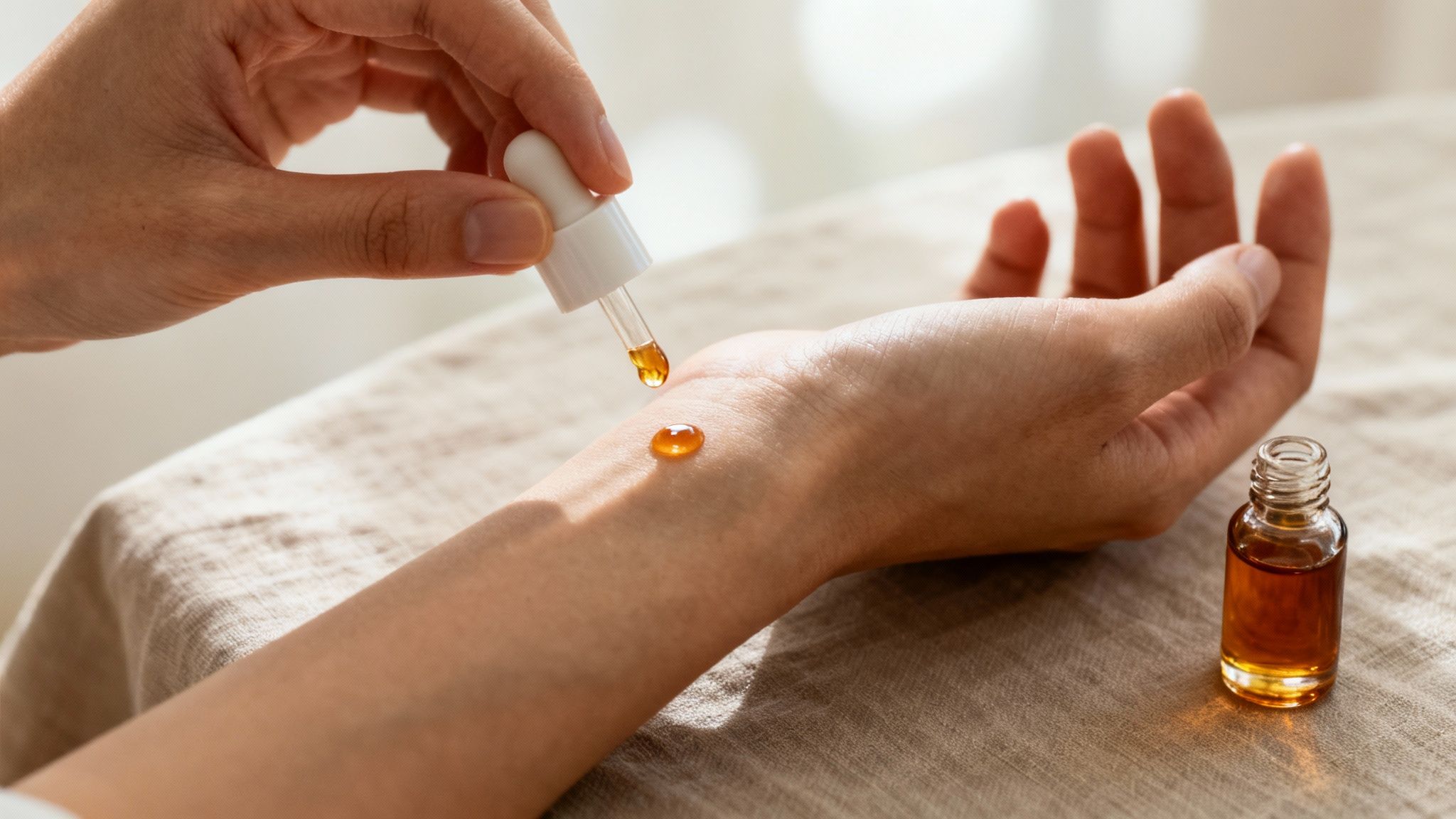 A hand applies golden essential oil drops onto a wrist from a dropper, with a small bottle nearby.