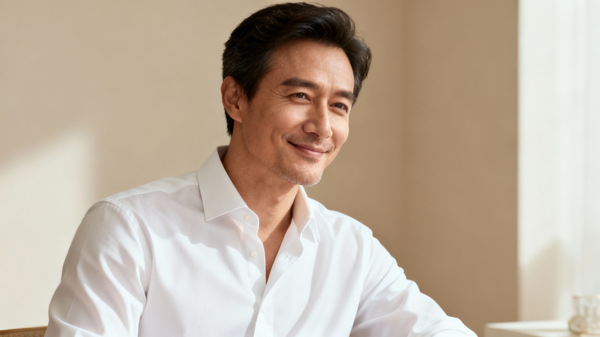 A handsome East Asian man with dark hair and a stubble beard smiles, wearing a white shirt.