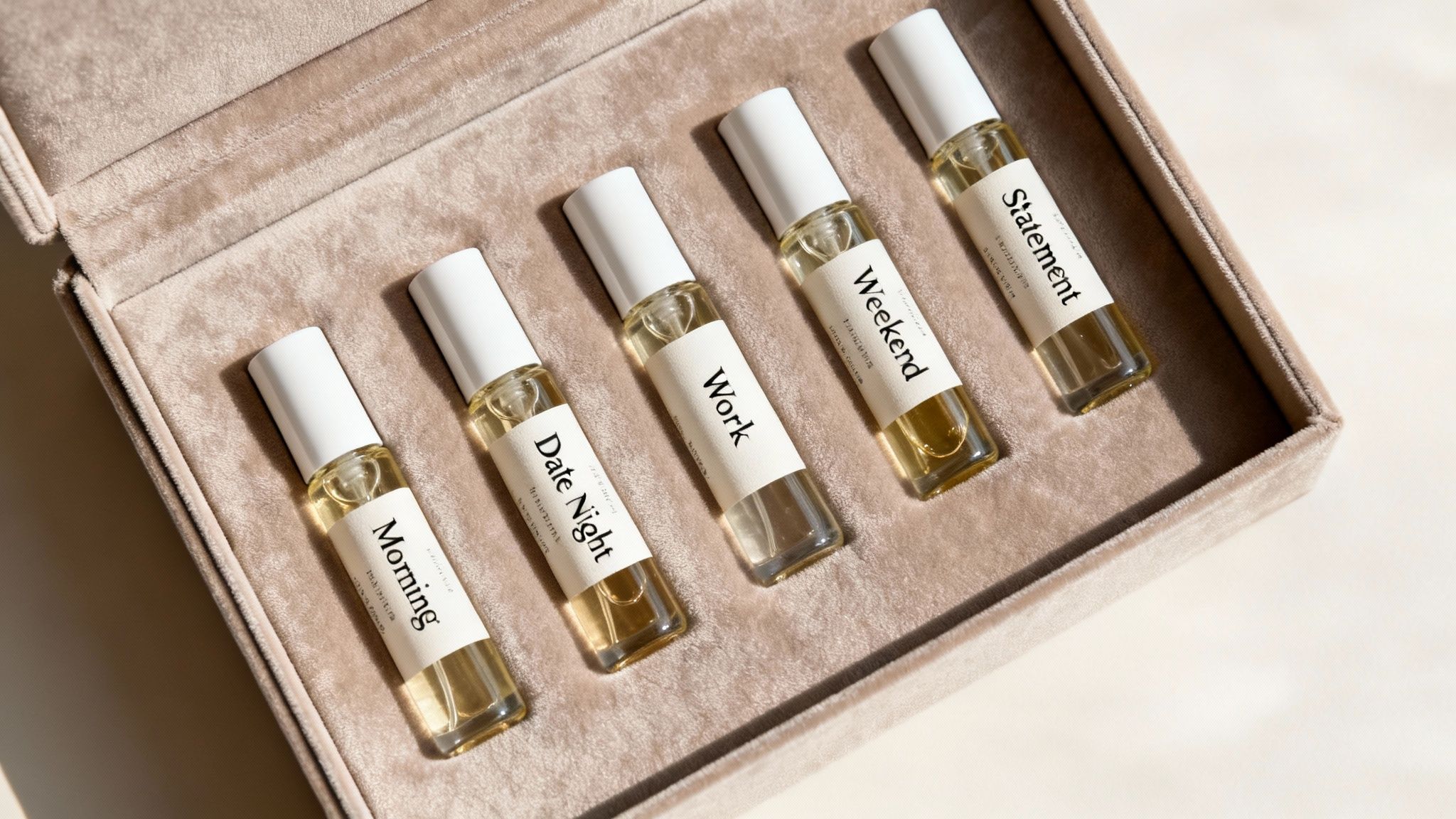 Five elegant perfume rollerball bottles, labeled Morning, Date Night, Work, Weekend, Statement, nestled in a velvet box.