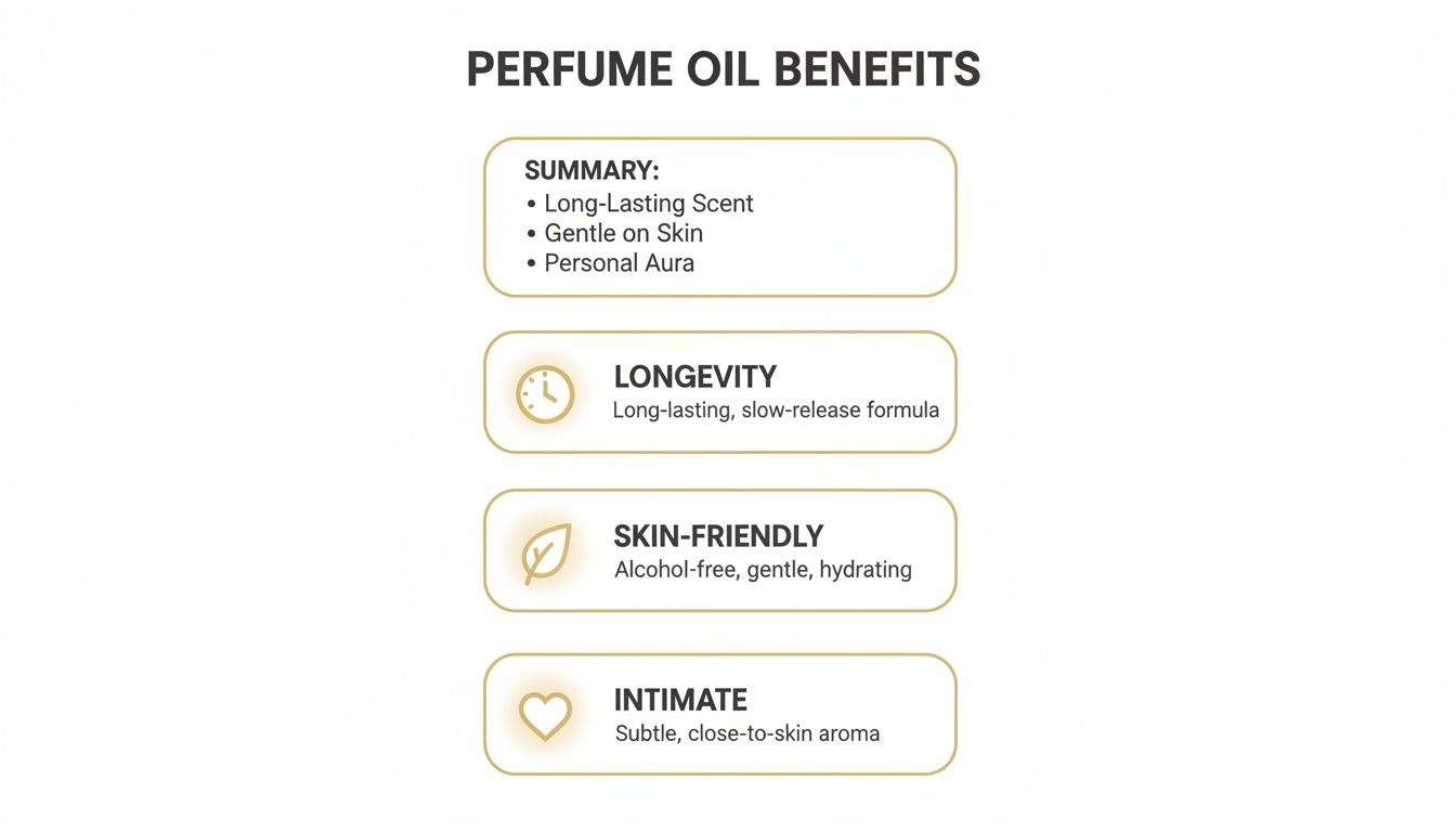 Infographic outlining perfume oil benefits: long-lasting, skin-friendly, and intimate aroma experience.