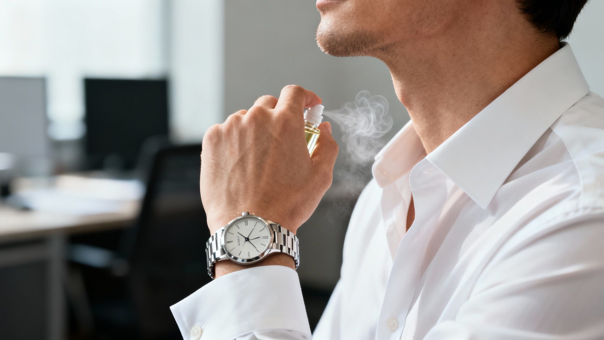 A man in a white shirt sprays perfume on his neck, wearing a silver watch.