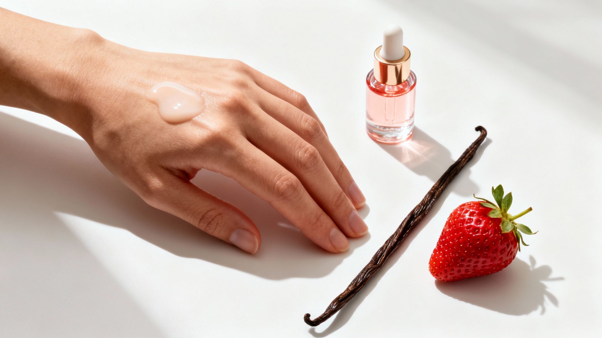 A hand with a drop of skincare product, a pink dropper bottle, vanilla bean, and a strawberry.