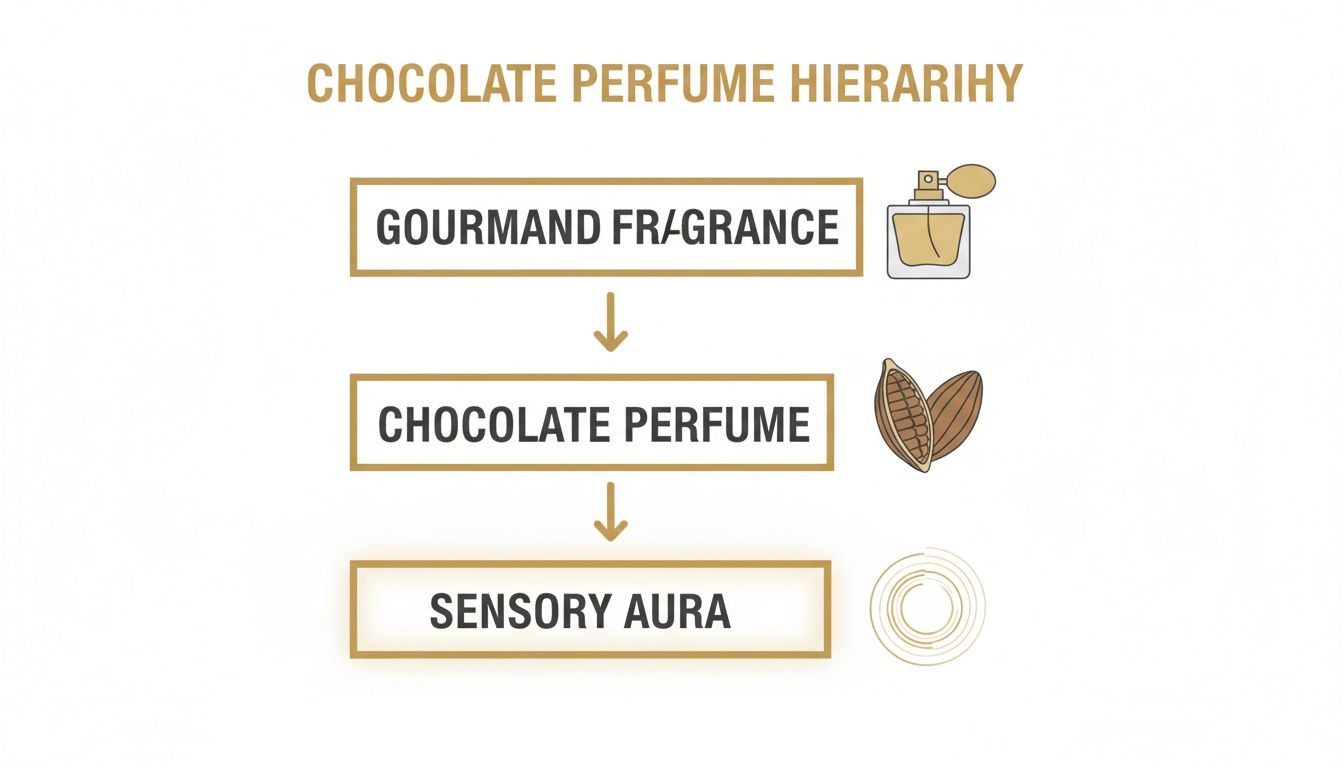 A diagram illustrating the chocolate perfume hierarchy, from gourmand fragrance to a sensory aura.