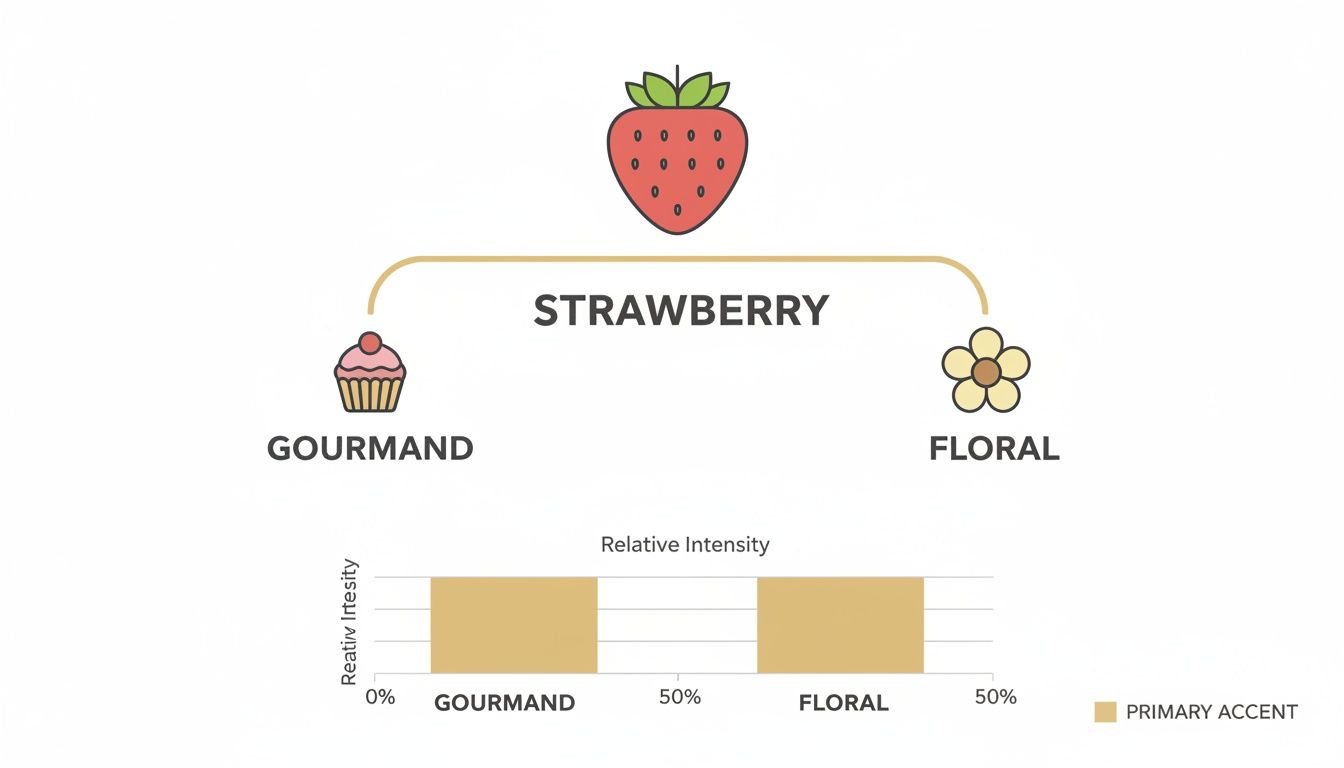 Infographic displaying strawberry flavor profile, showing gourmand and floral accents with equal relative intensity.