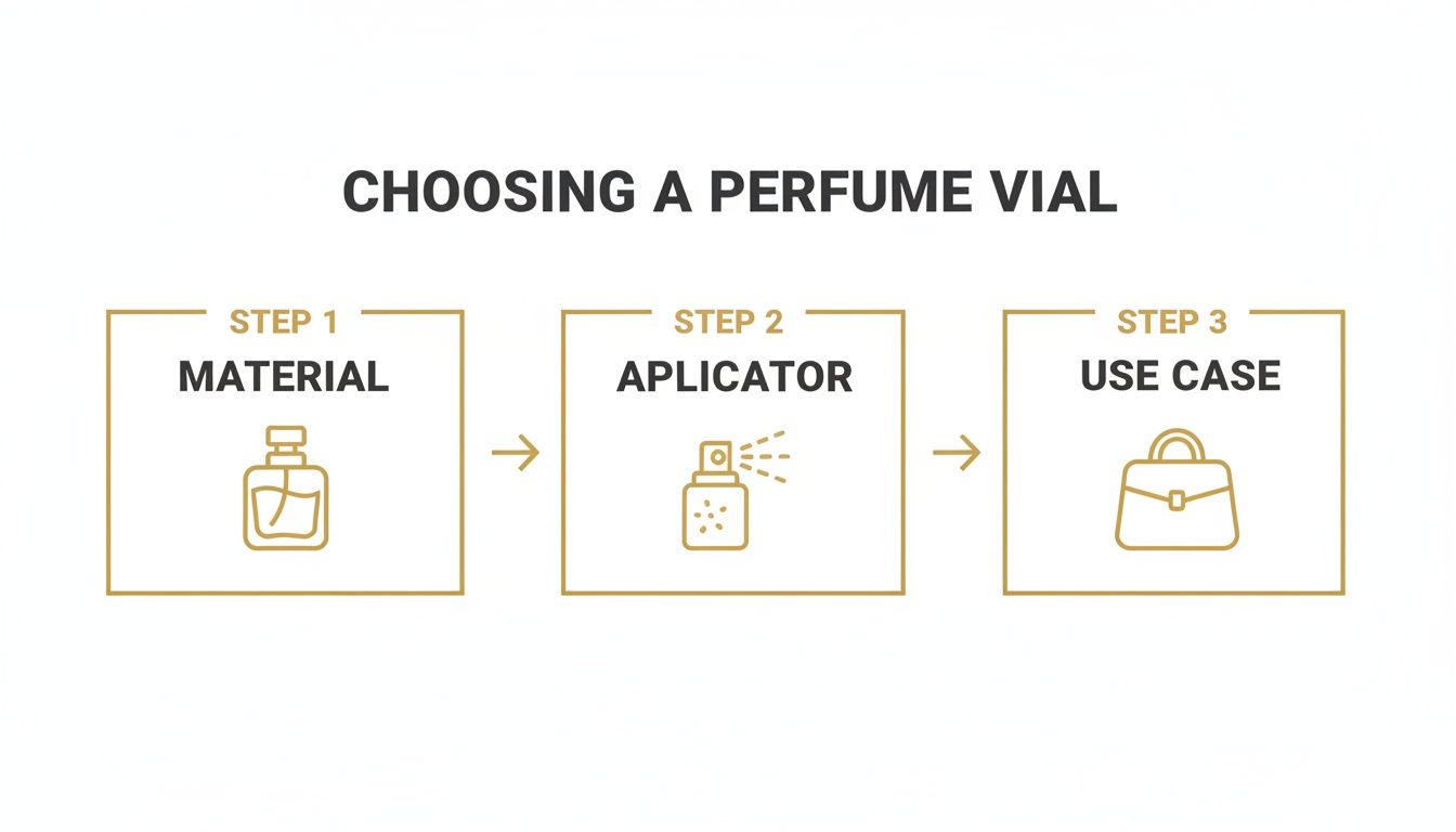 A three-step guide to choosing a perfume vial, covering material, applicator, and use case.