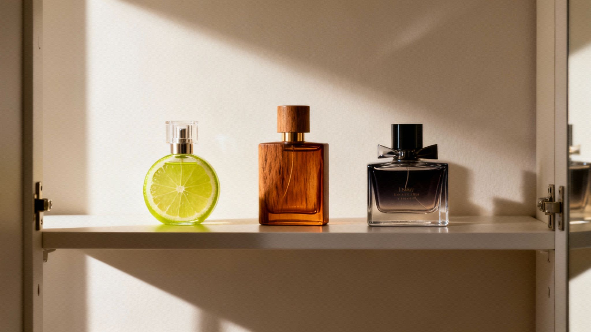 Three unique perfume bottles, including a lime-shaped one, displayed on a shelf in a sunlit cabinet.