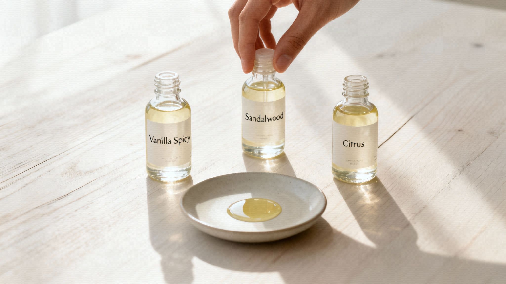 A hand selects a sandalwood essential oil bottle among vanilla spicy and citrus scents, with a drop on a plate.