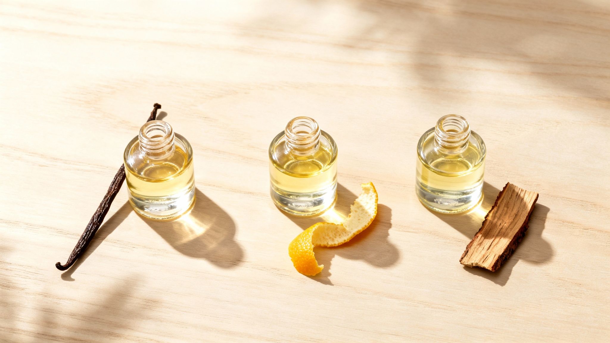 Three small bottles of essential oil next to vanilla bean, orange peel, and wood on a light wooden surface.