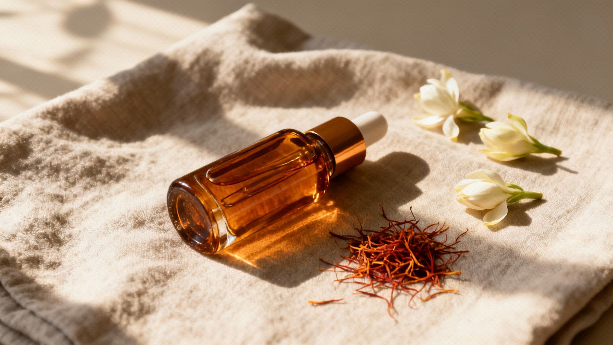 An amber dropper bottle with saffron threads and white jasmine flowers on a linen cloth, under natural light.