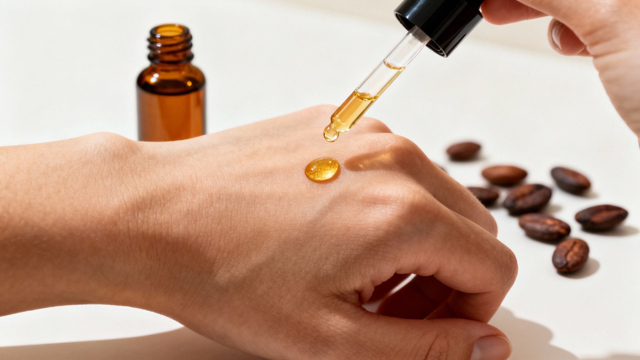 A hand applies golden serum with a dropper onto skin, with a bottle and coffee beans nearby.