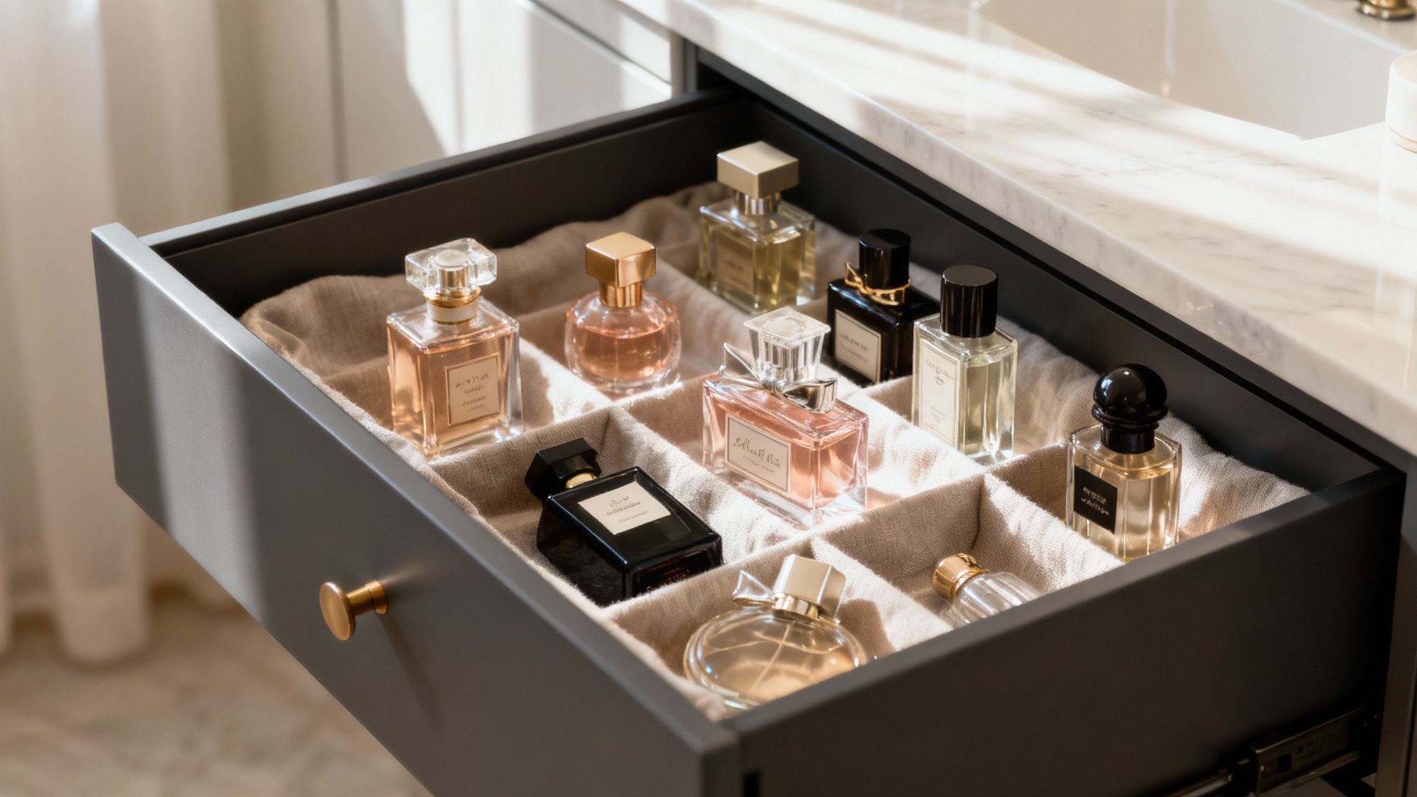 Luxury perfume bottles organized in elegant drawer with beige fabric liner for proper fragrance storage