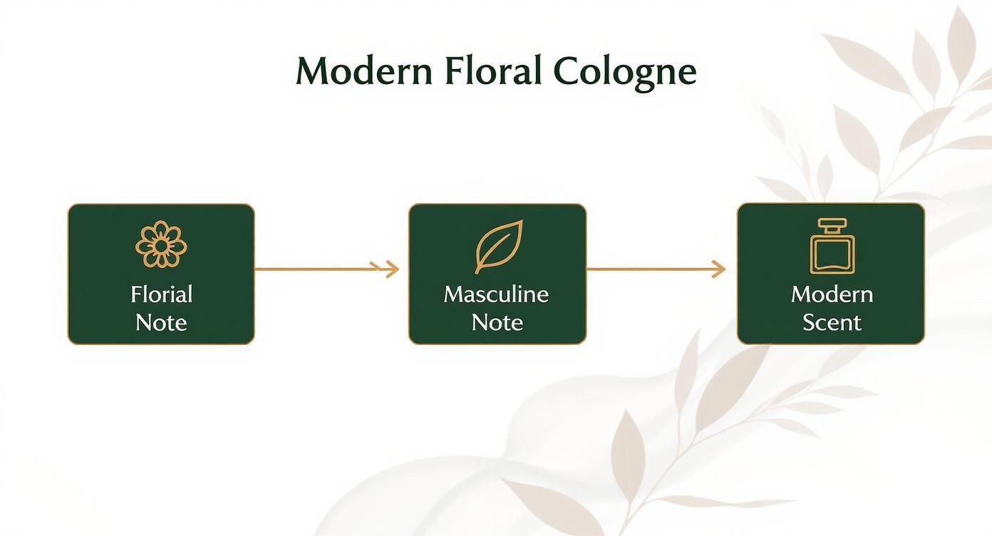 Flowchart detailing the composition of modern floral cologne from floral and masculine notes.