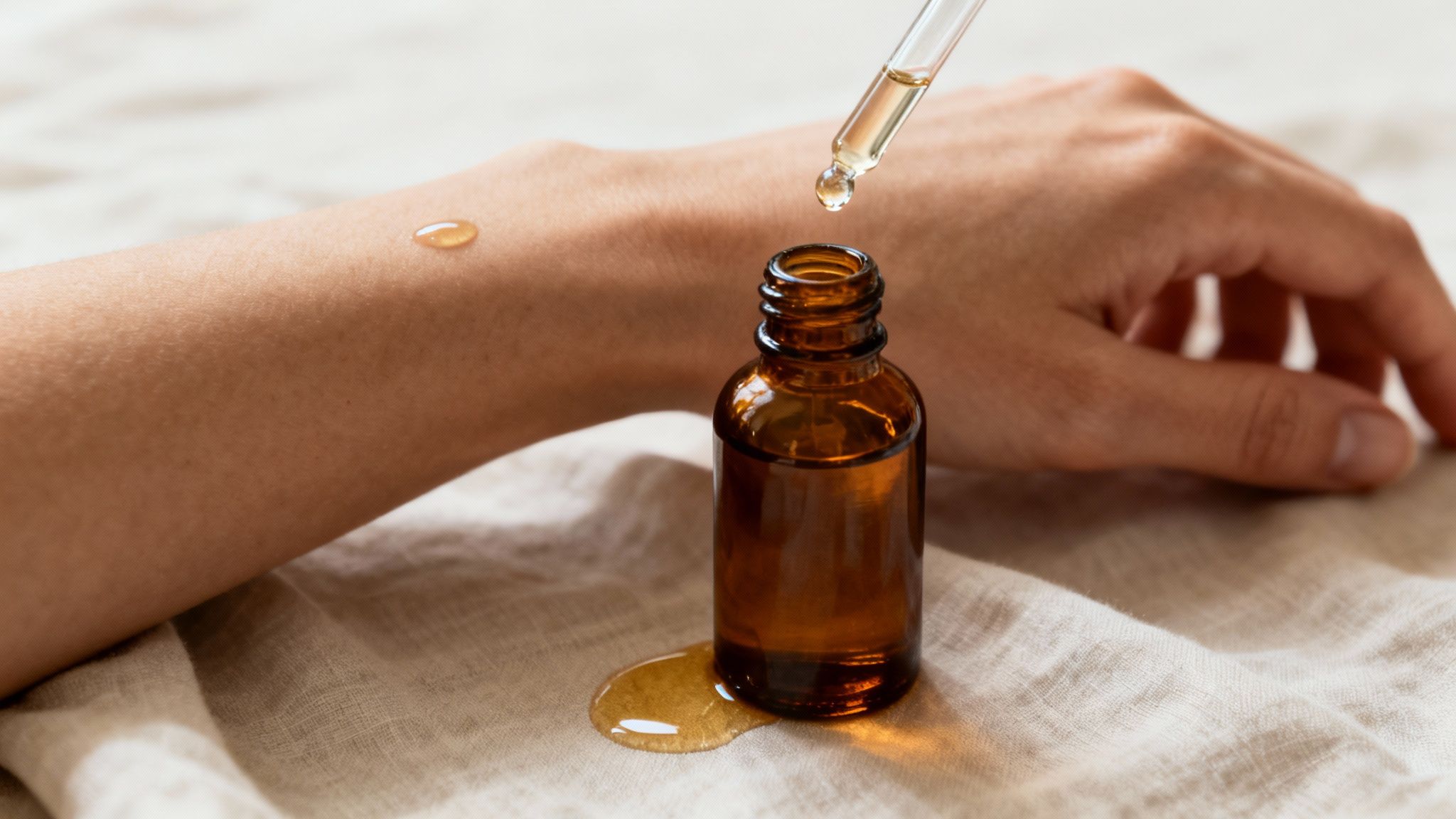 A hand with a drop of natural skincare oil, a dropper bottle, and a falling drop.