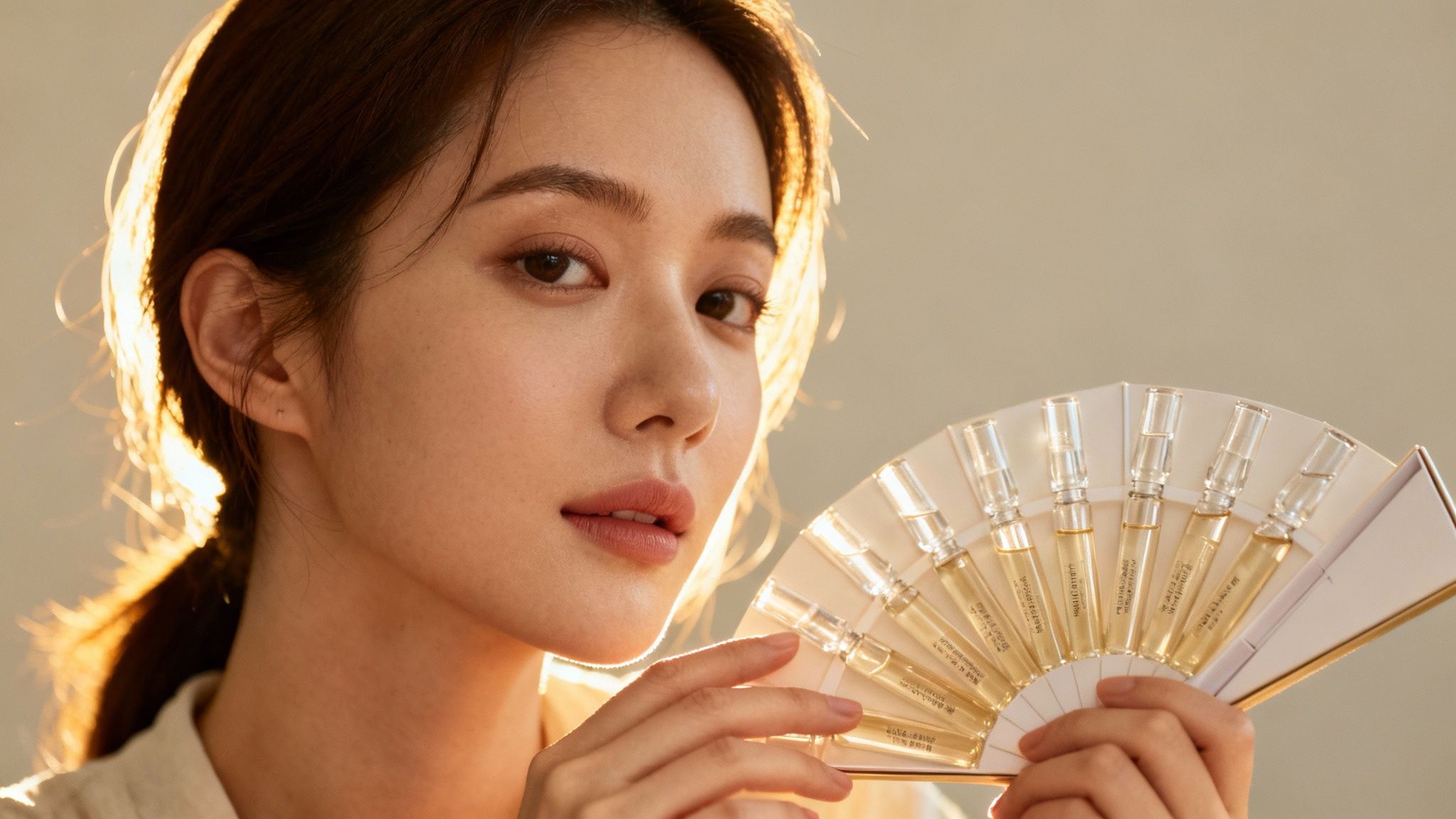 A beautiful woman holds a fan-shaped display of perfume sample vials in warm, golden light.