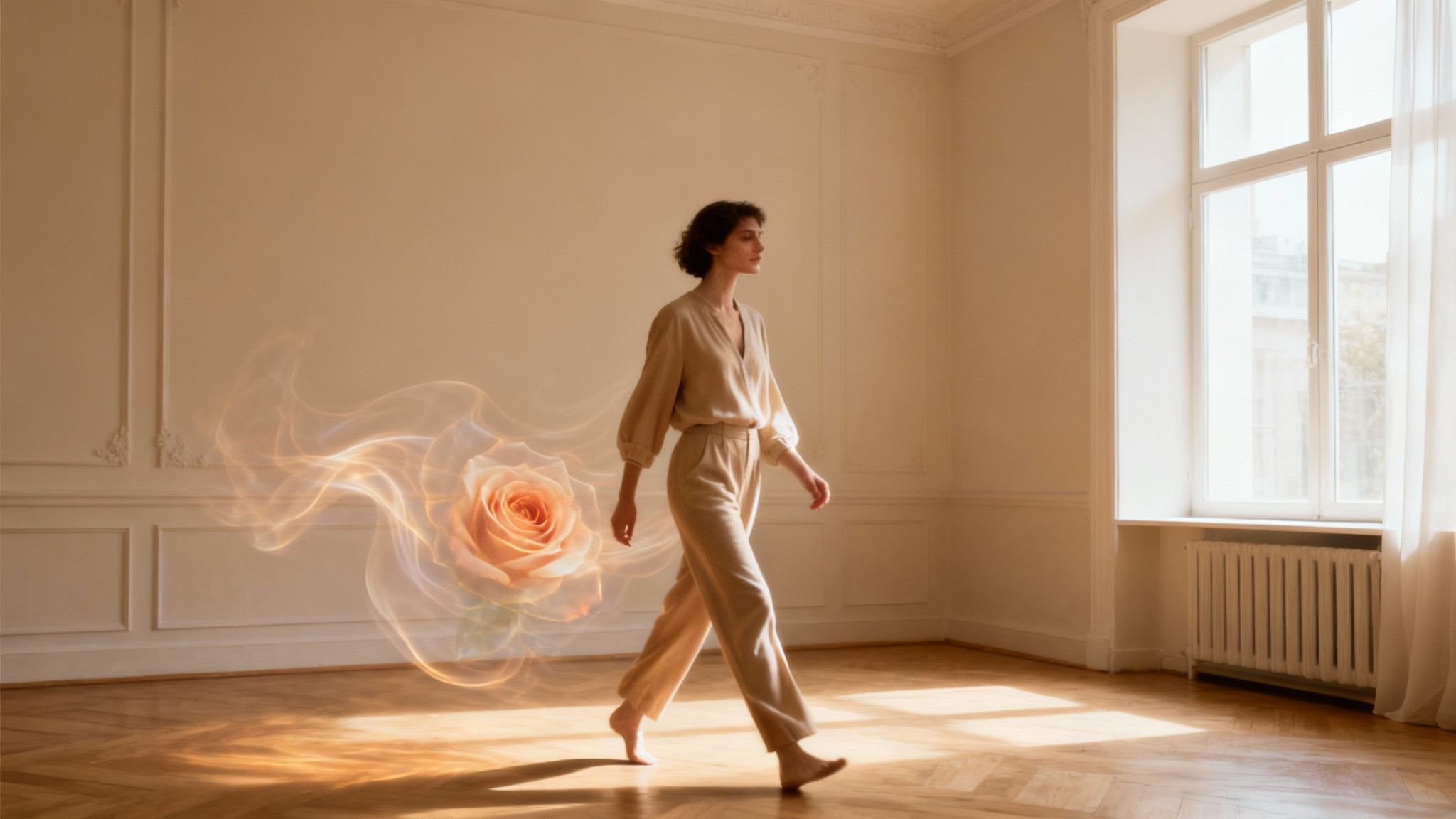 A woman walks past a large glowing rose with ethereal tendrils in a sunlit room.