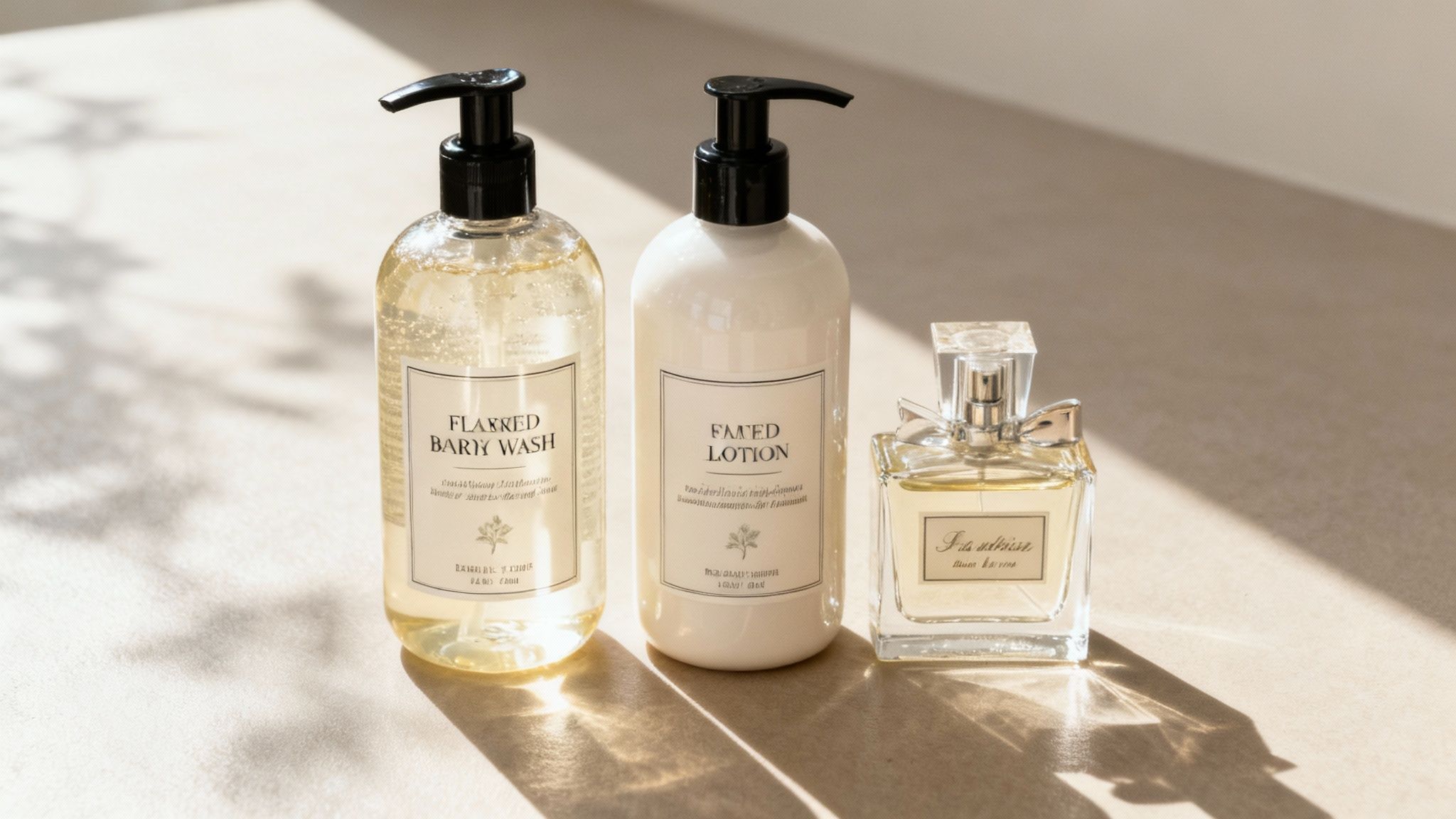 Luxury bathroom products including flaked bark wash, lotion, and perfume bottle on sunlit surface