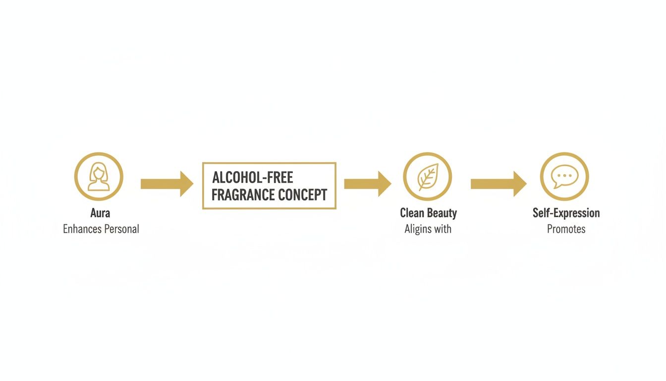 Flowchart showing an alcohol-free fragrance concept enhances personal aura, aligns with clean beauty, and promotes self-expression.
