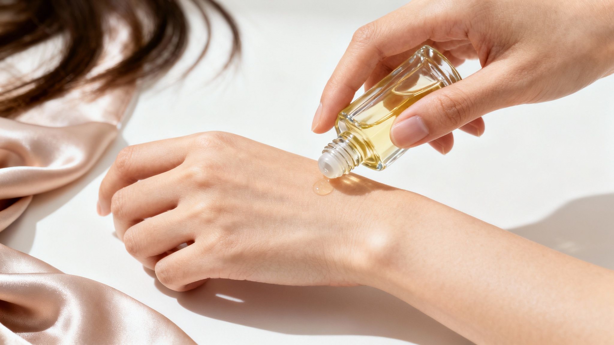 A hand applies a clear, yellow roll-on oil to another hand, with silk fabric and hair.