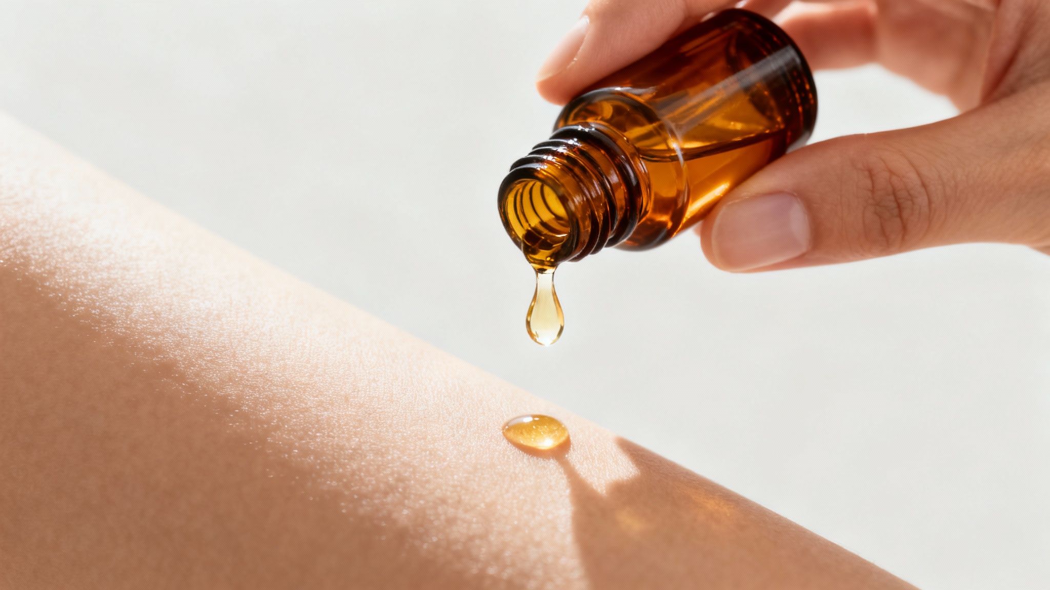 A hand drips golden essential oil from an amber bottle onto bare skin.