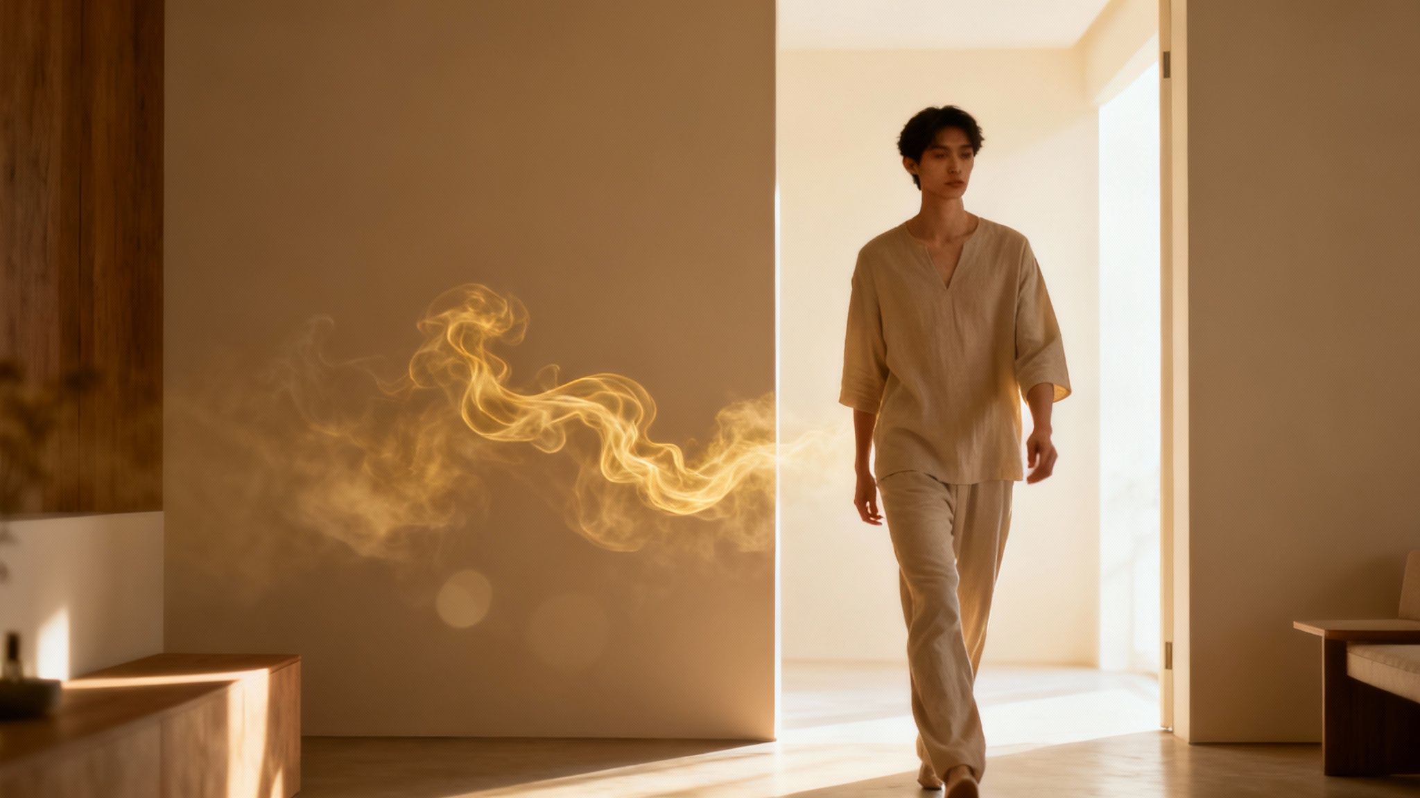 A person in neutral linen attire walks past a wall with glowing golden smoke.