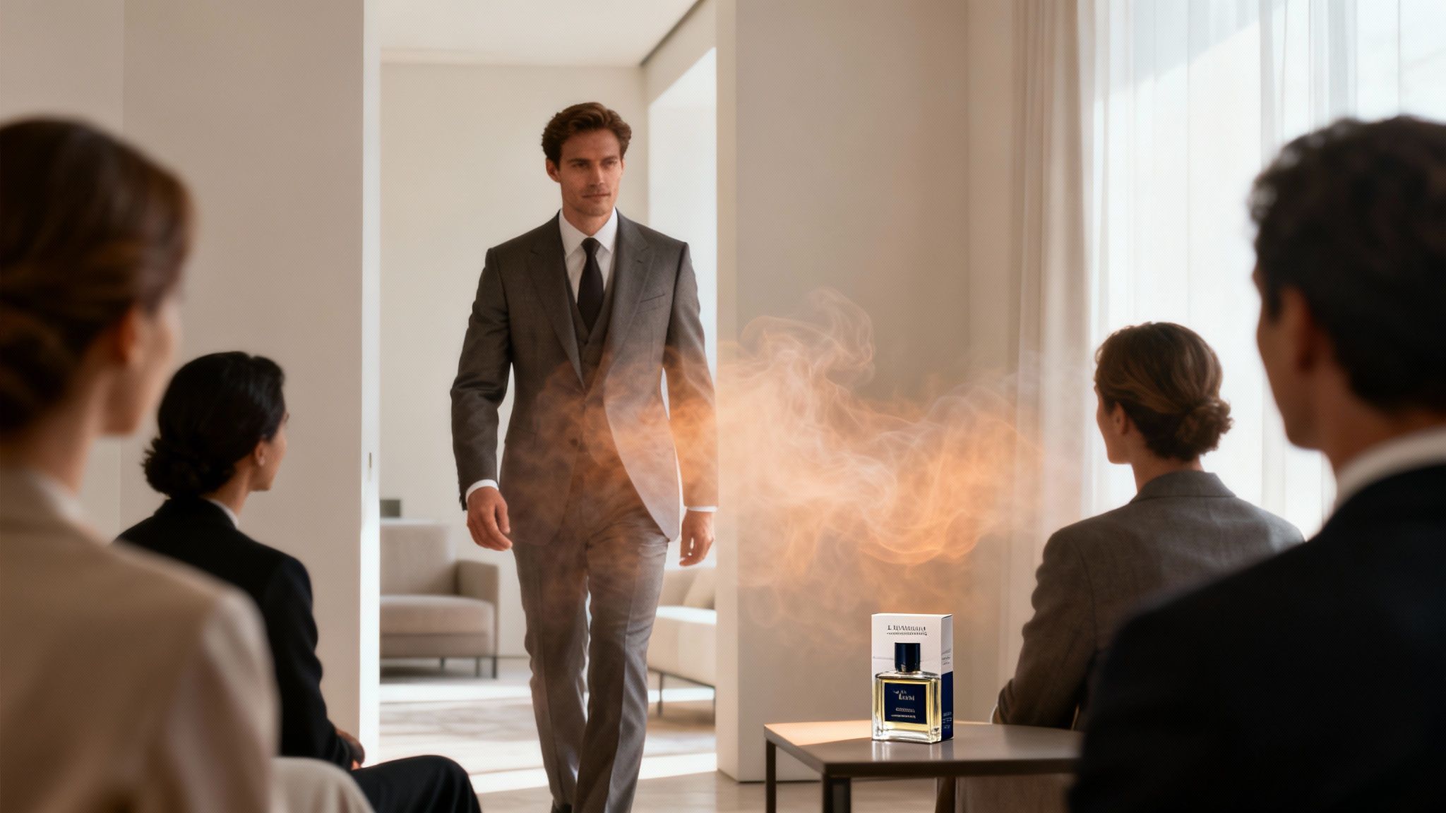 A confident man in a suit walks past observers, a cologne a table nearby with a fragrant trail.